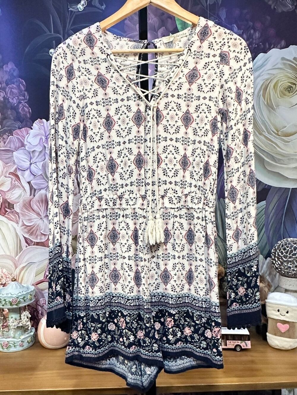 Rewind S Cream Navy Romper Boho Cottagecore Floral Print Lace-Up Tassel Detail